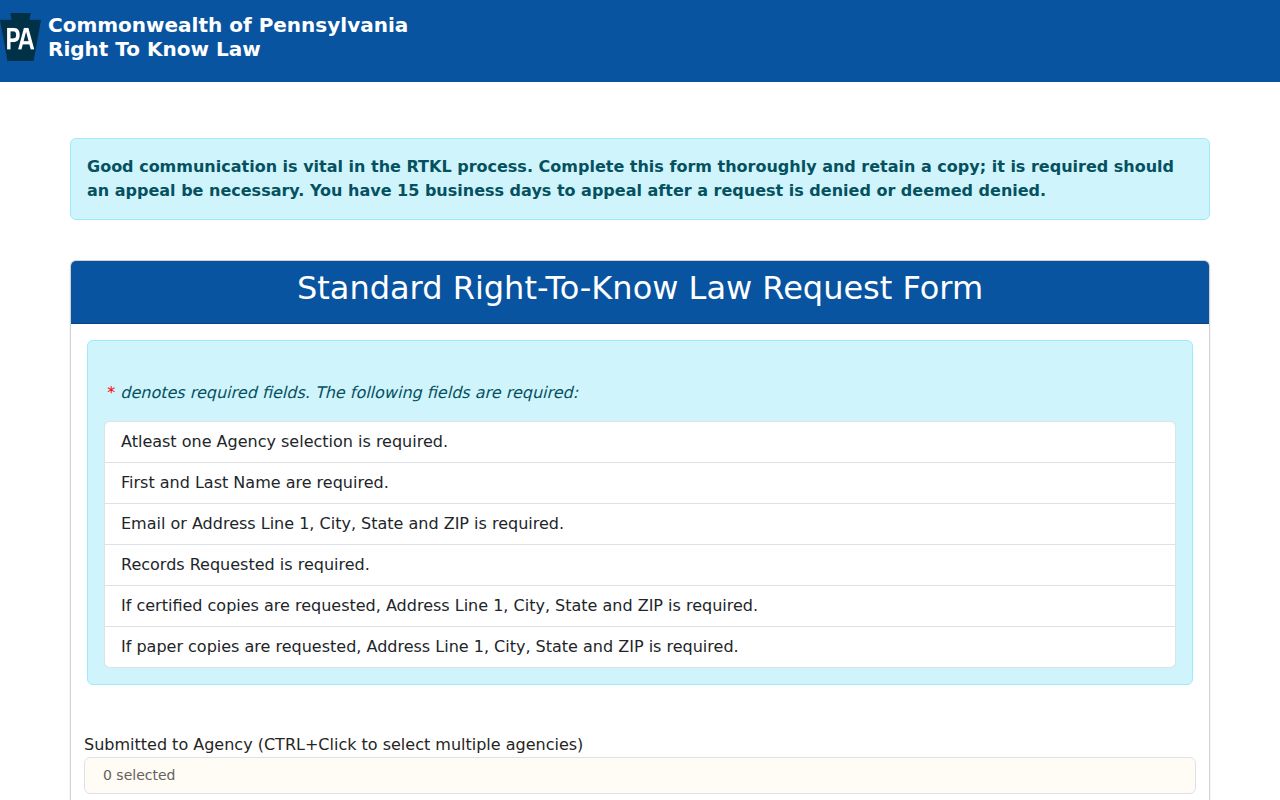 Lackawanna County residents directory Pennsylvania Right-to-Know request form