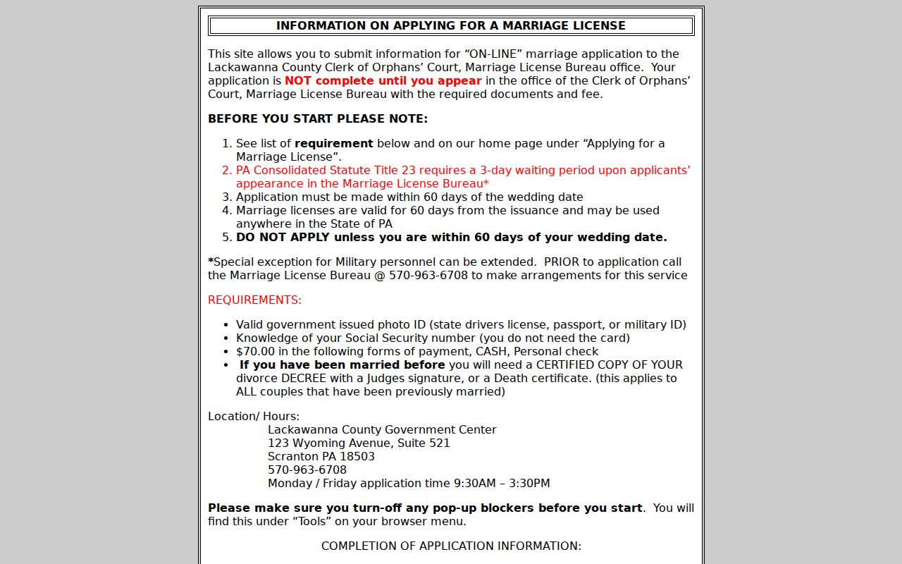 Lackawanna County previous residents marriage record application guidance