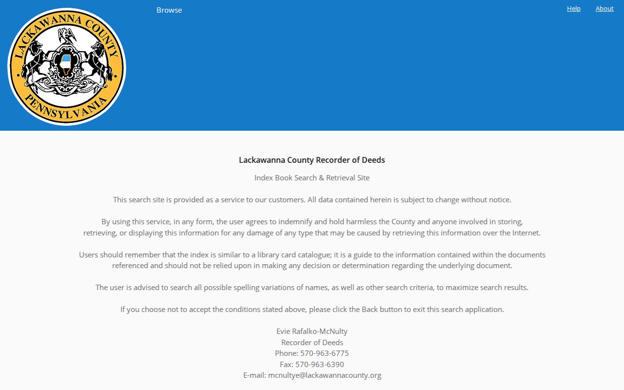Lackawanna County previous residents Recorder index book retrieval page