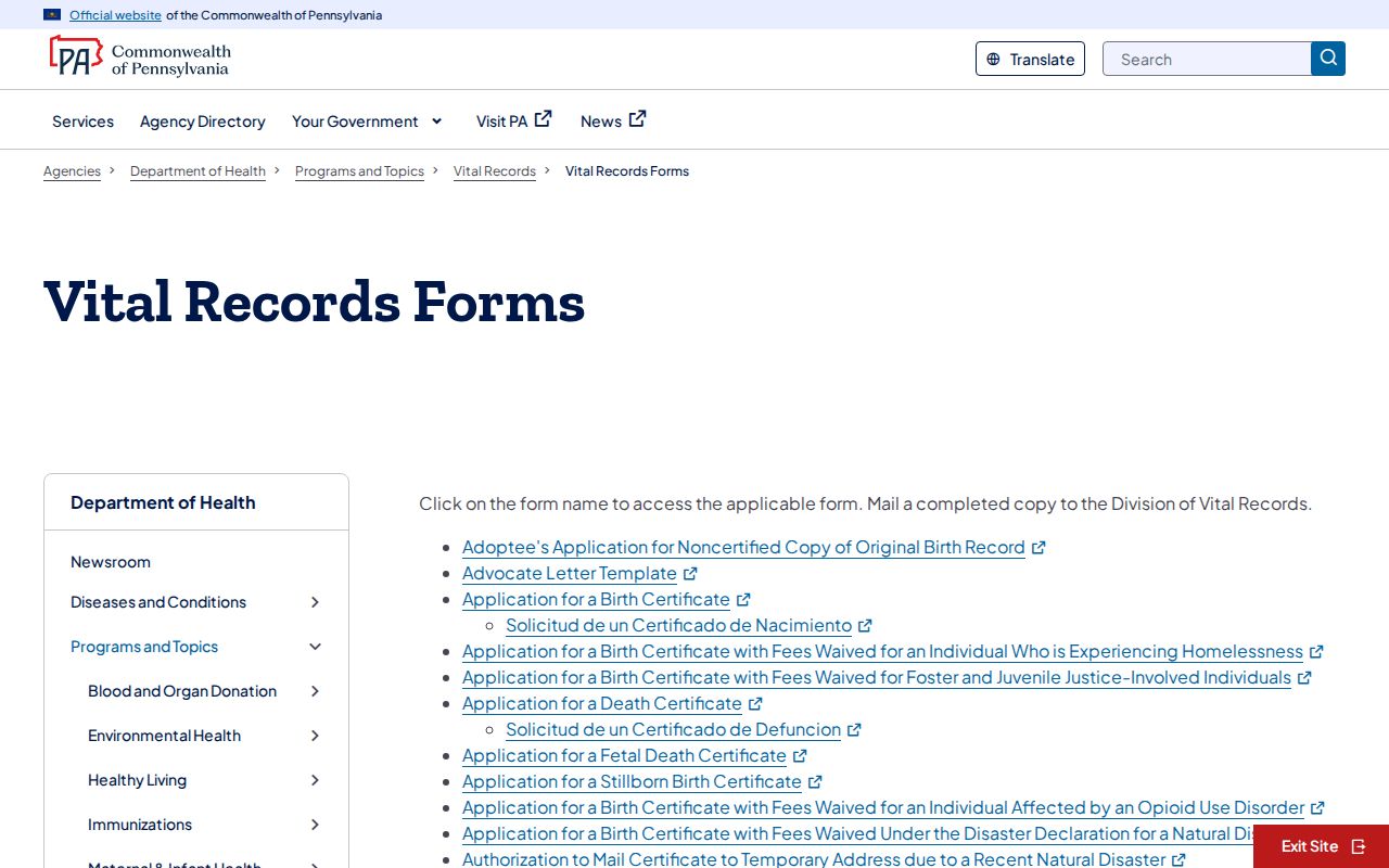 Lackawanna County resident lookup Pennsylvania vital records forms